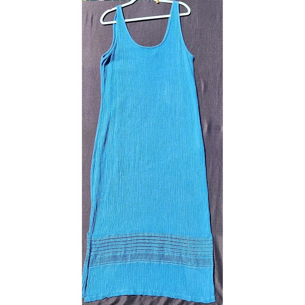Women's Blue Cotton Gauze Maxi Dress Sleeveless Lace Trim Boho Beach Cover-Up